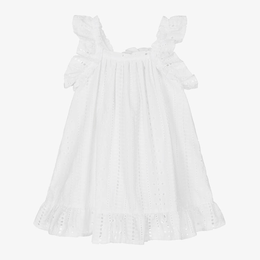 Phi Clothing - Белое хлопковое платье с вышивкой английской гладью | Childrensalon
