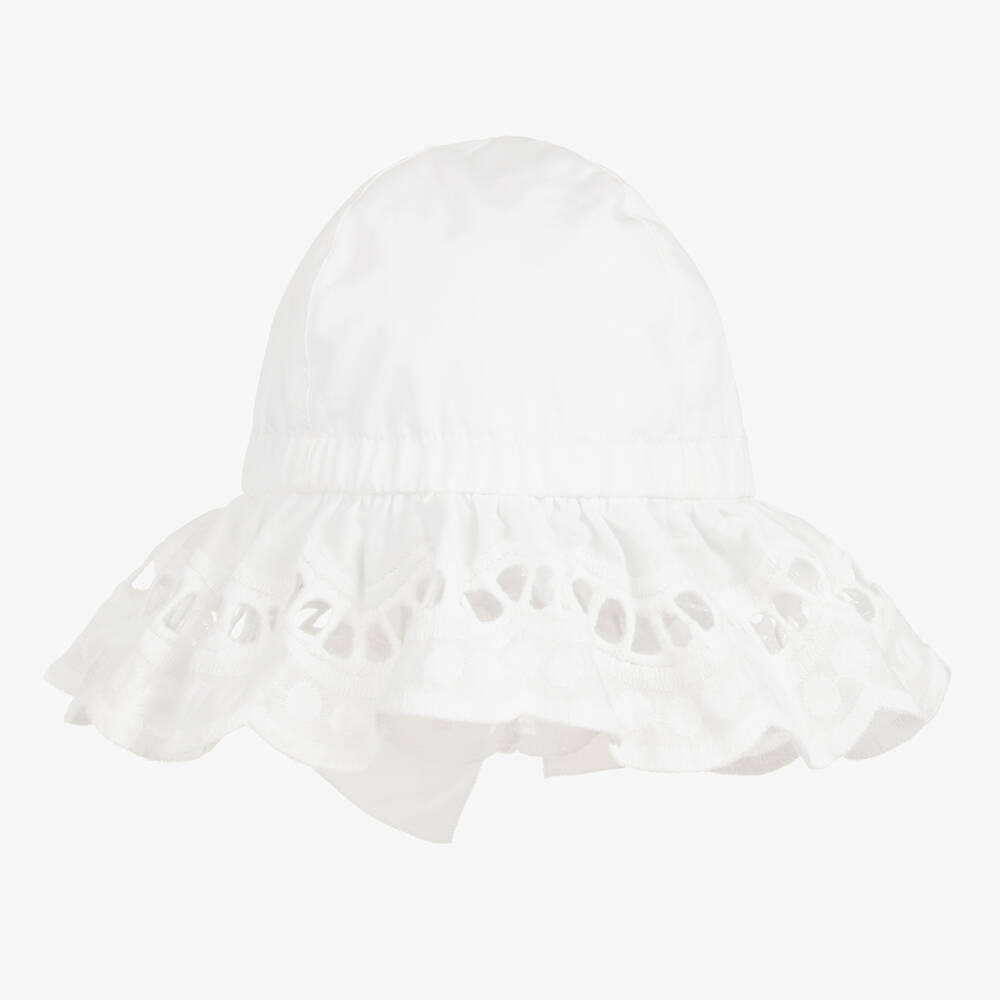 Phi Clothing - Girls White Cotton Broderie Anglaise Hat | Childrensalon