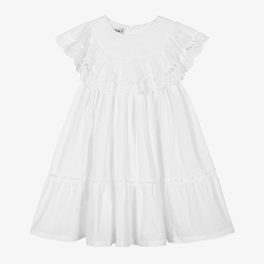 Phi Clothing - Белое хлопковое платье с прорезной вышивкой | Childrensalon