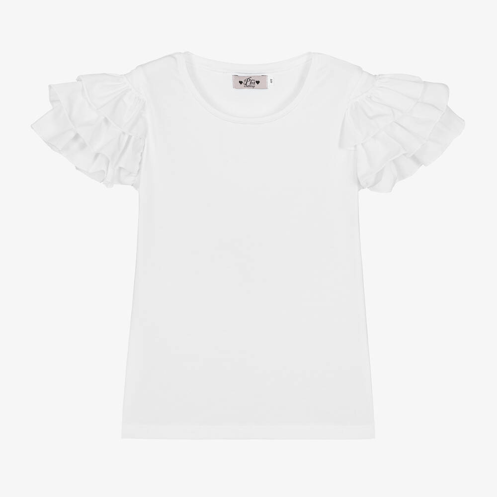 Phi Clothing - Girls White Cotton Frill Sleeve T-Shirt | Childrensalon