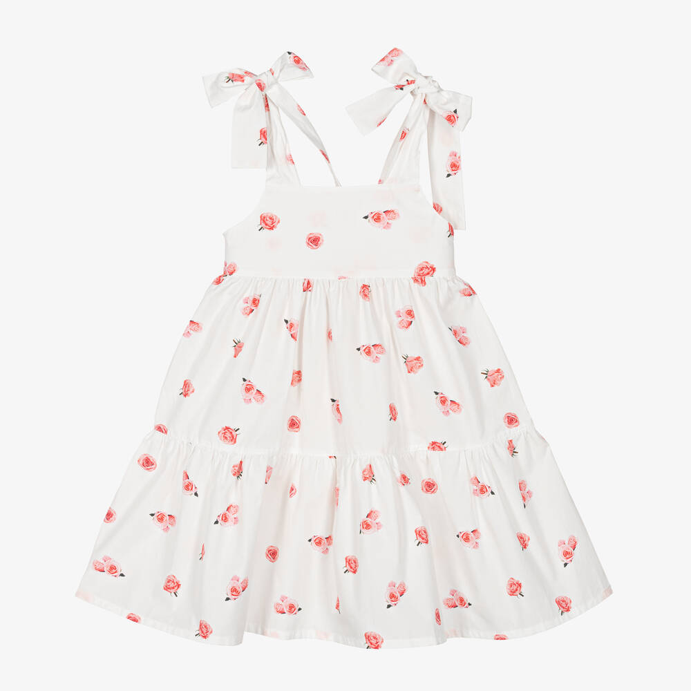 Phi Clothing - Girls White Cotton Rose Print Dress | Childrensalon