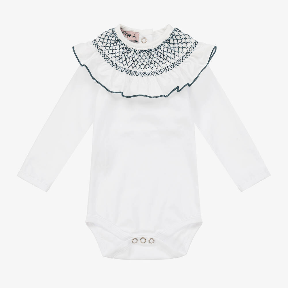 Phi Clothing - Girls White Cotton Shirred Collar Bodysuit | Childrensalon