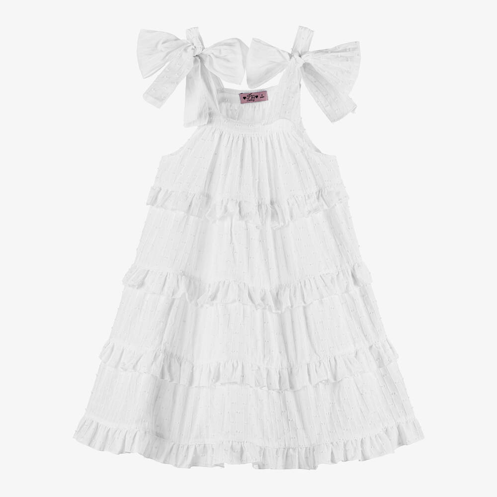 Phi Clothing - Белое многоярусное платье из хлопка плюмети для девочек | Childrensalon