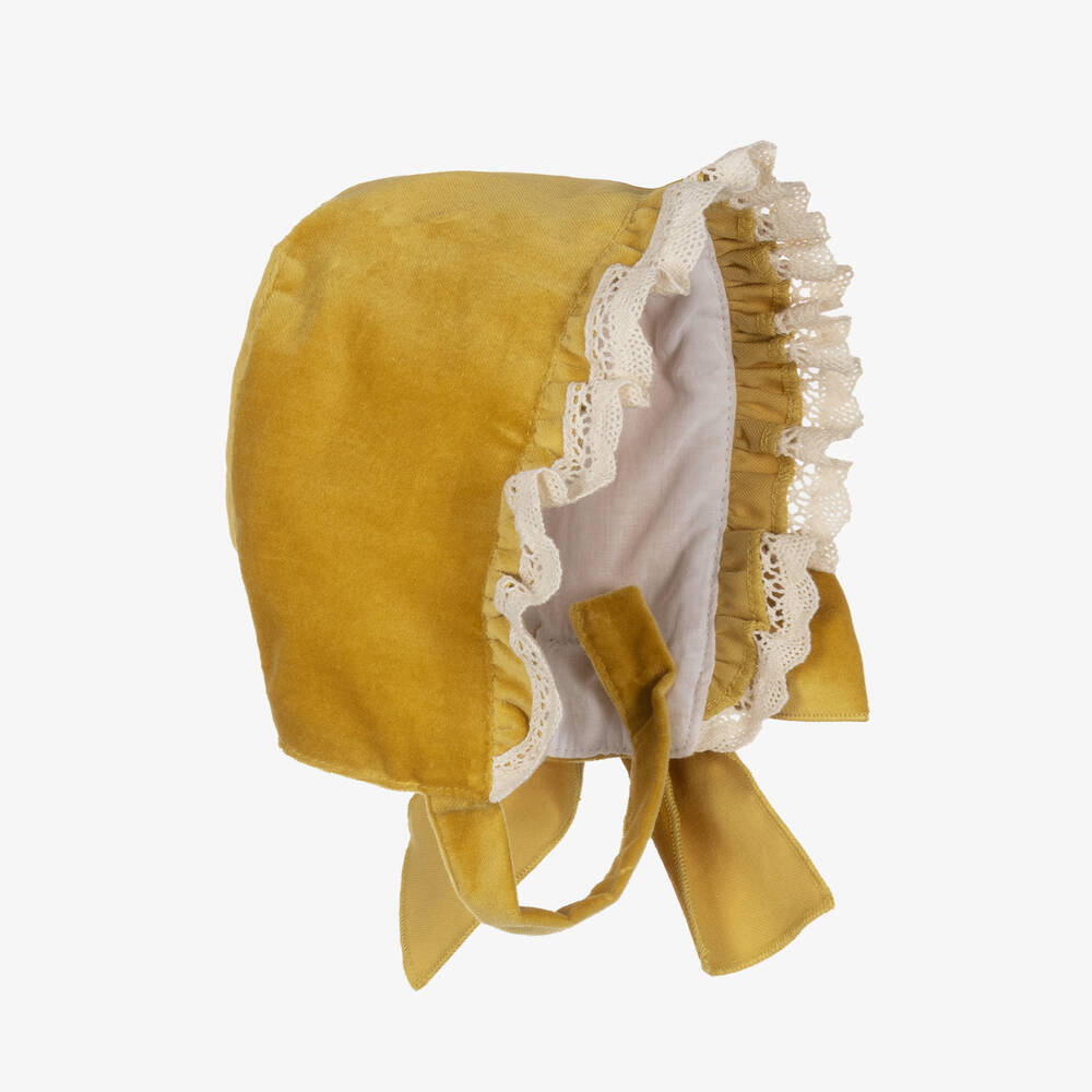 Phi Clothing - Girls Yellow Cotton Velvet Ruffle Bonnet | Childrensalon