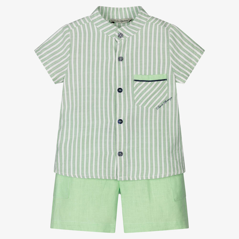 Piccola Speranza - Boys Green Cotton & Linen Shorts Set | Childrensalon