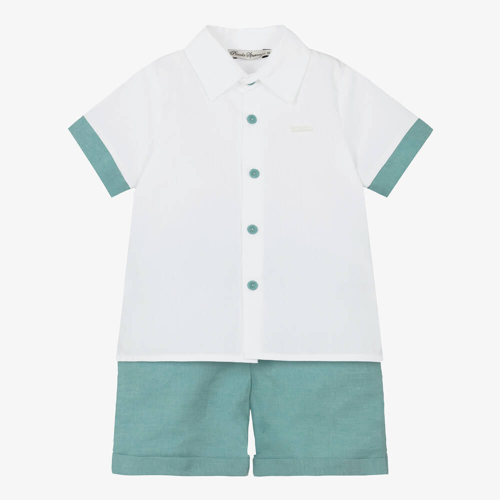 Piccola Speranza - Boys Green & White Linen Shorts Set | Childrensalon