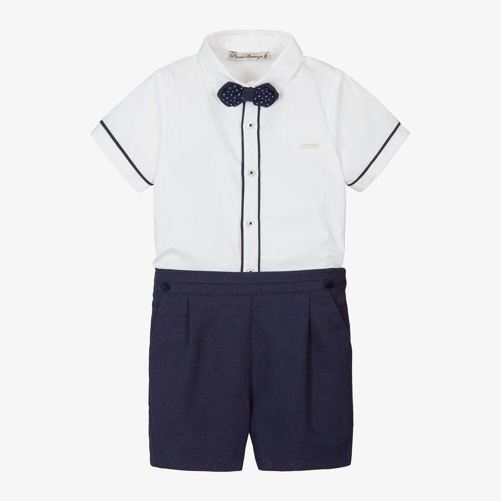 Piccola Speranza - Boys Navy Blue Cotton & Linen Shorts Set | Childrensalon