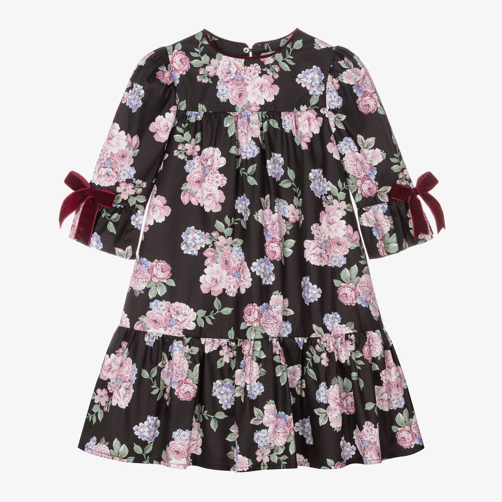 Piccola Speranza - Girls Black Floral Print Cotton Dress | Childrensalon