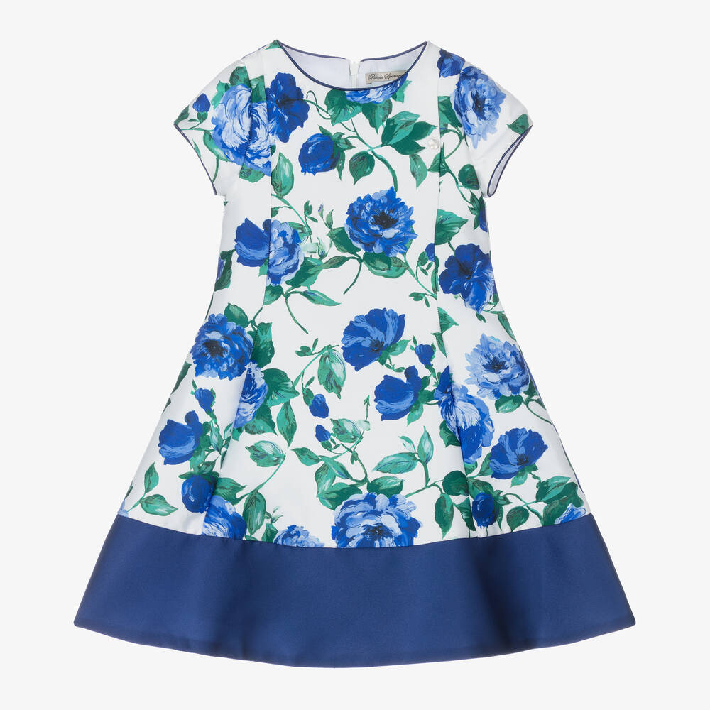 Piccola Speranza - Robe bleue en satin à fleurs fille | Childrensalon