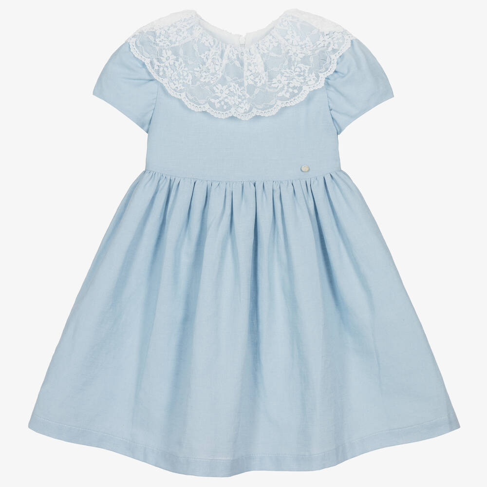 Piccola Speranza - Girls Blue Linen Lace Collar Dress | Childrensalon