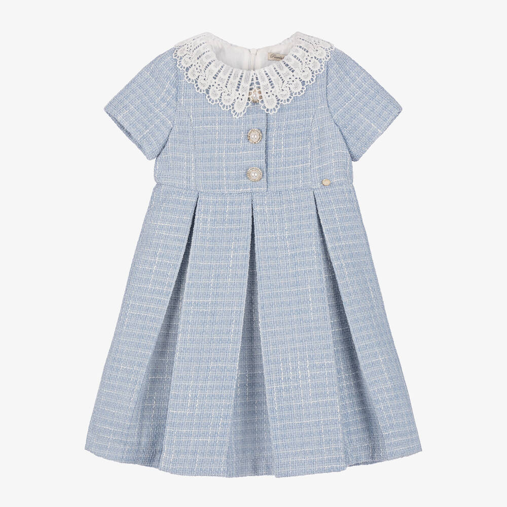 Piccola Speranza - Girls Blue Pleated Tweed Dress | Childrensalon