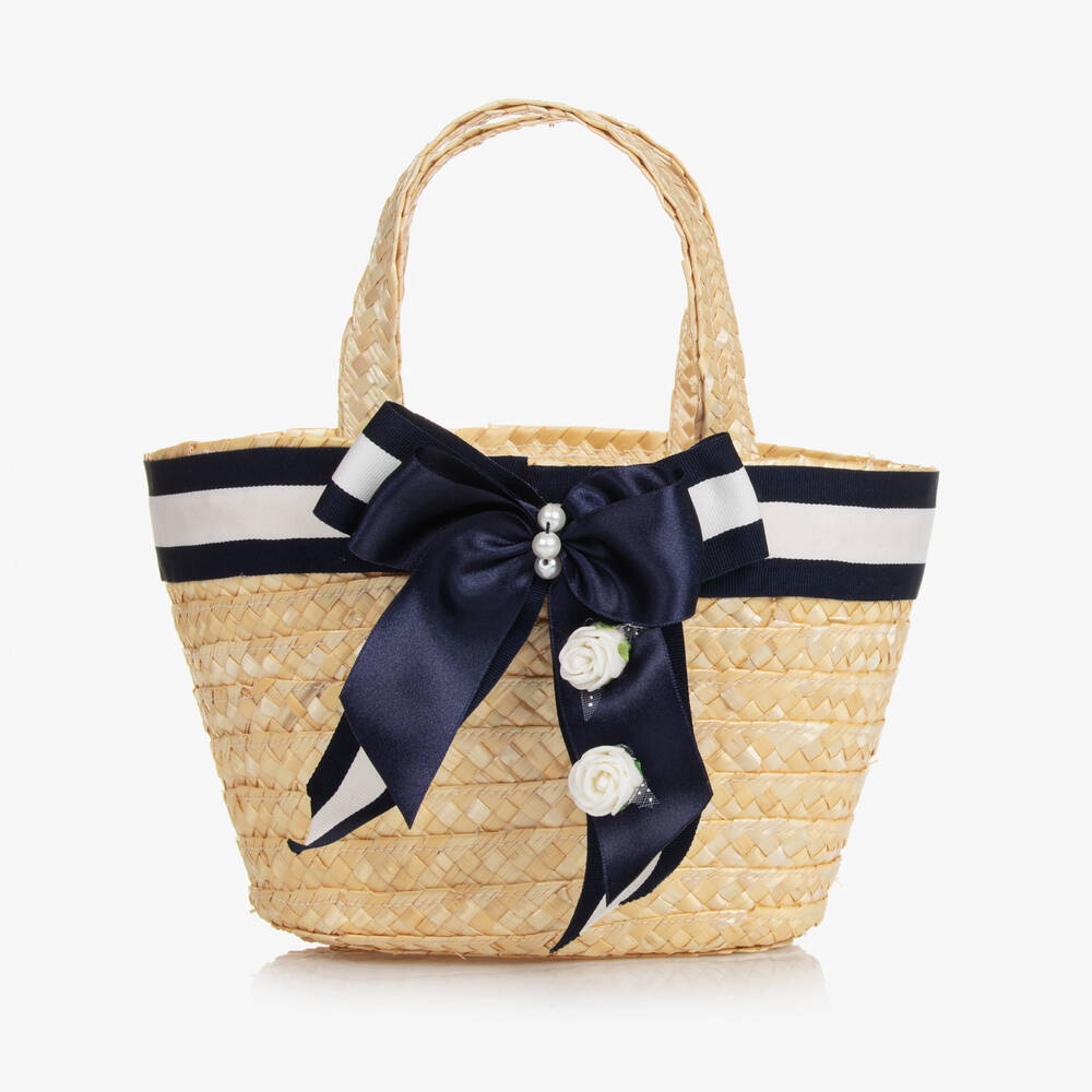 Piccola Speranza - Girls Blue Ribbon Straw Handbag (25cm) | Childrensalon