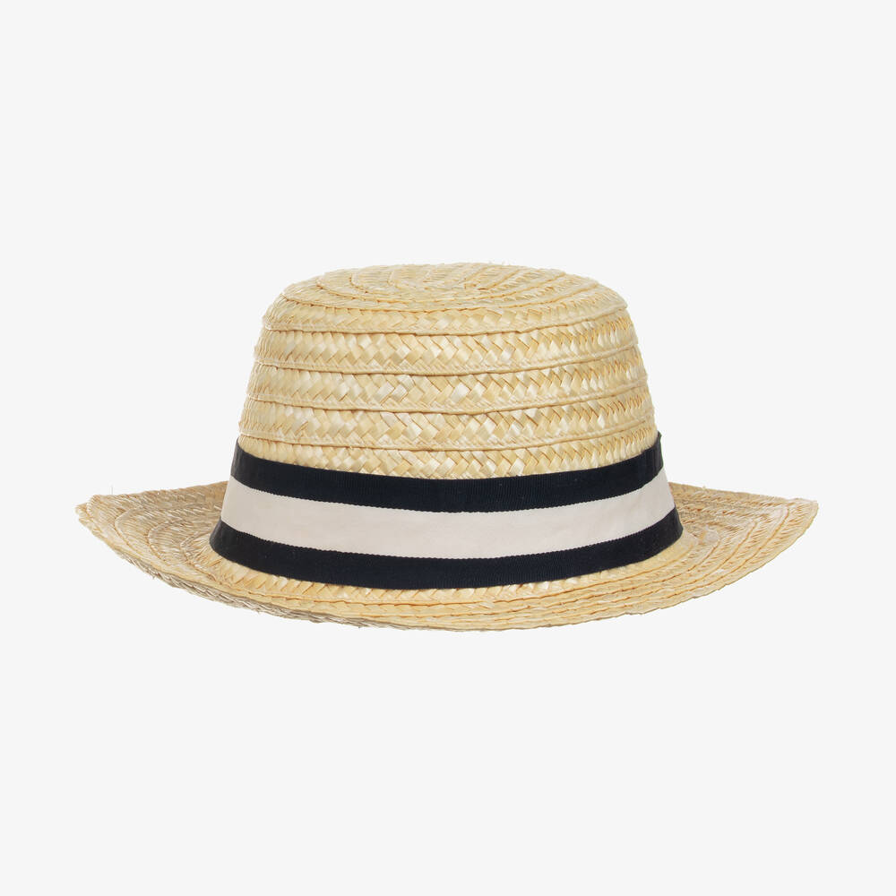 Piccola Speranza - قبعة قش لون بيج بشريطة كحلي وأبيض للبنات | Childrensalon