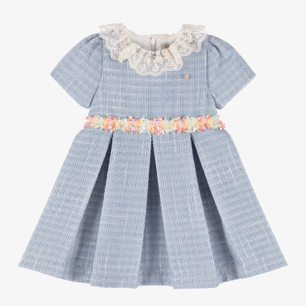 Piccola Speranza - Girls Blue Tweed Pleated Dress | Childrensalon
