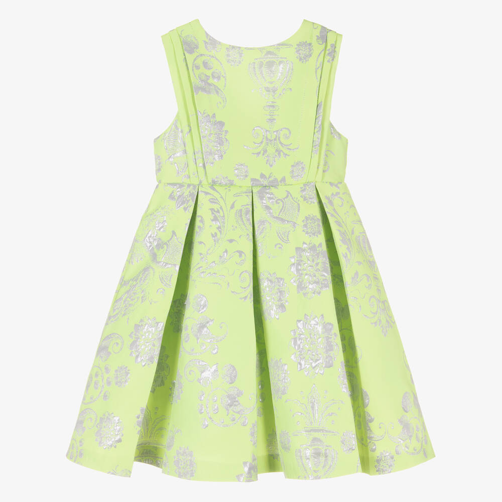 Piccola Speranza - Girls Green & Silver Floral Jacquard Dress | Childrensalon