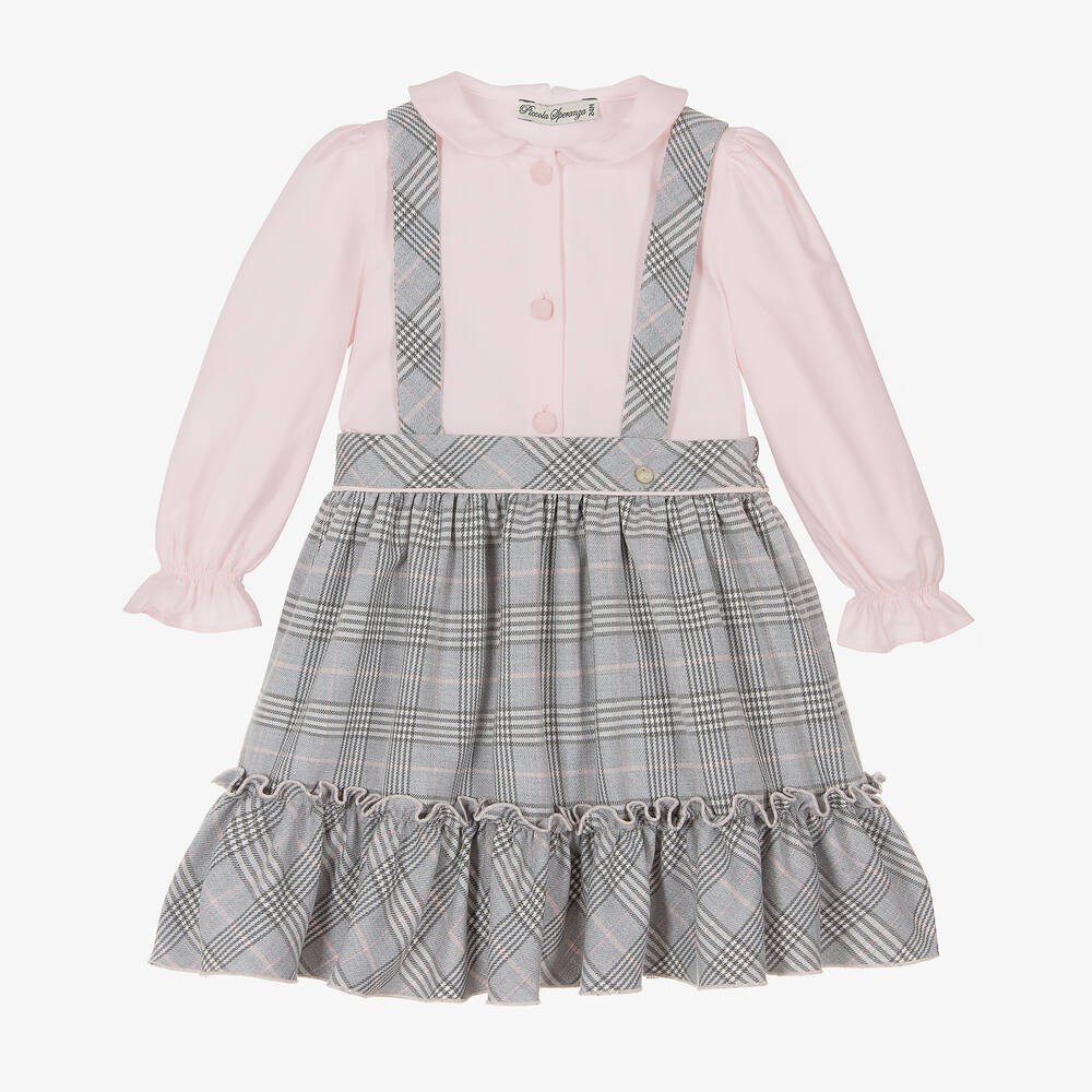 Piccola Speranza - Girls Grey & Pink Tartan Skirt Set | Childrensalon