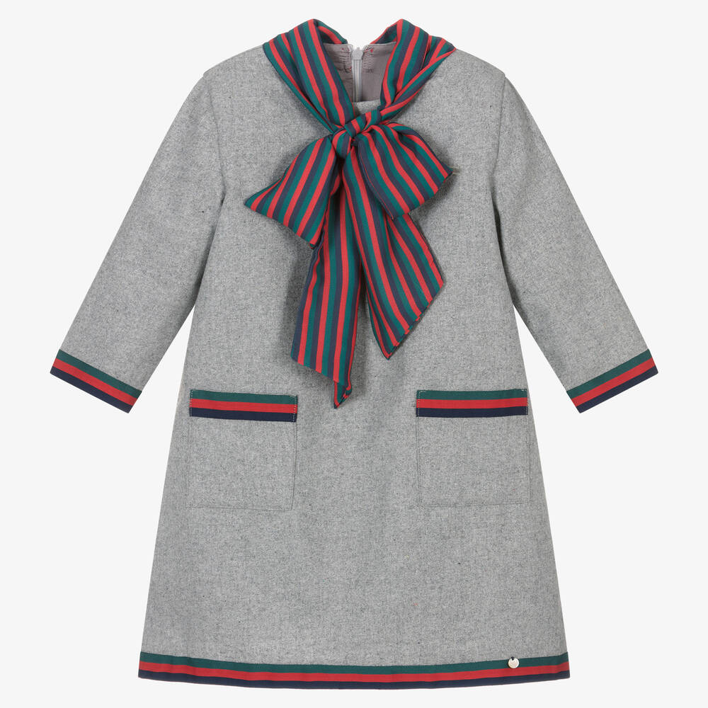 Piccola Speranza - Girls Grey Wool Bow Collar Dress | Childrensalon