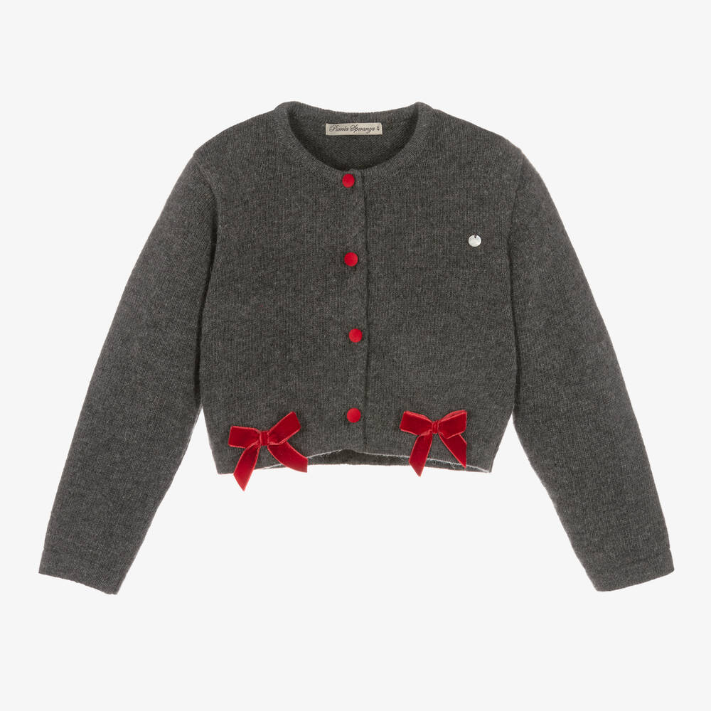 Piccola Speranza - Girls Grey Wool & Red Velvet Bow Cardigan | Childrensalon