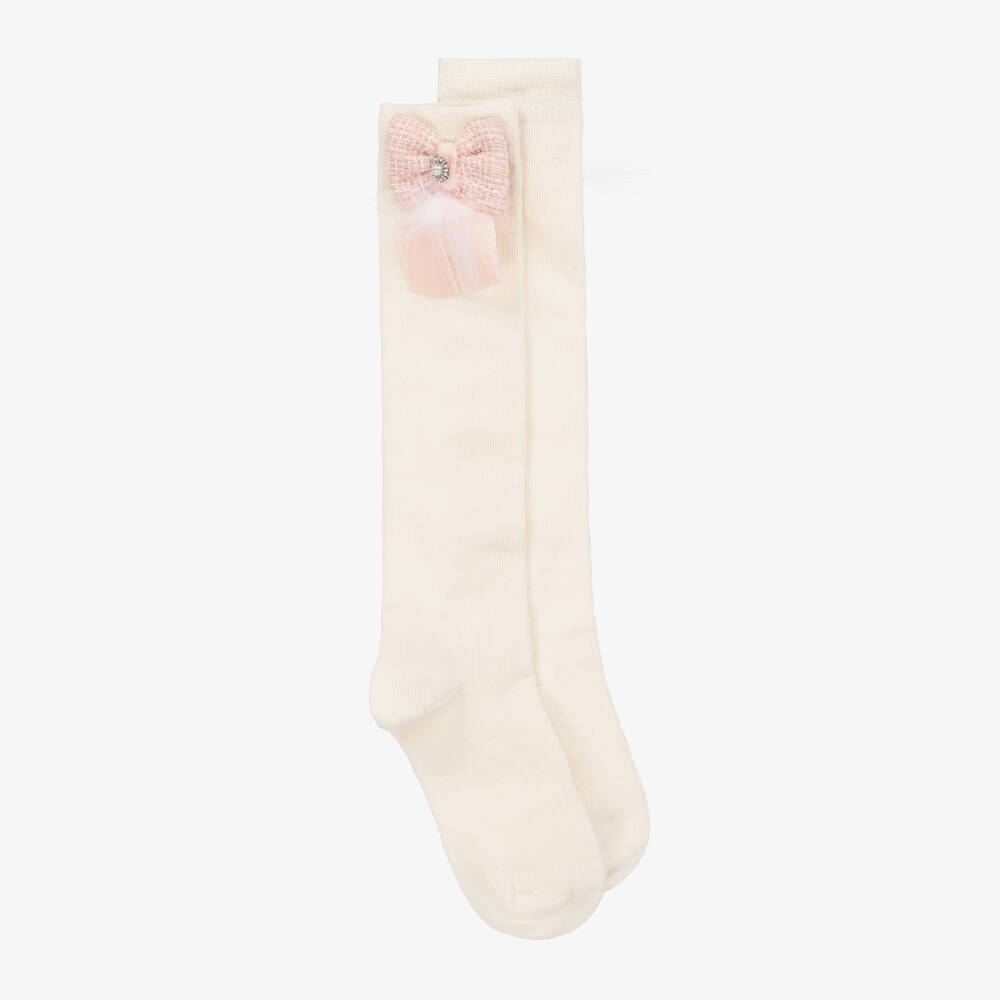 Piccola Speranza - Girls Ivory Cotton & Tweed Socks | Childrensalon