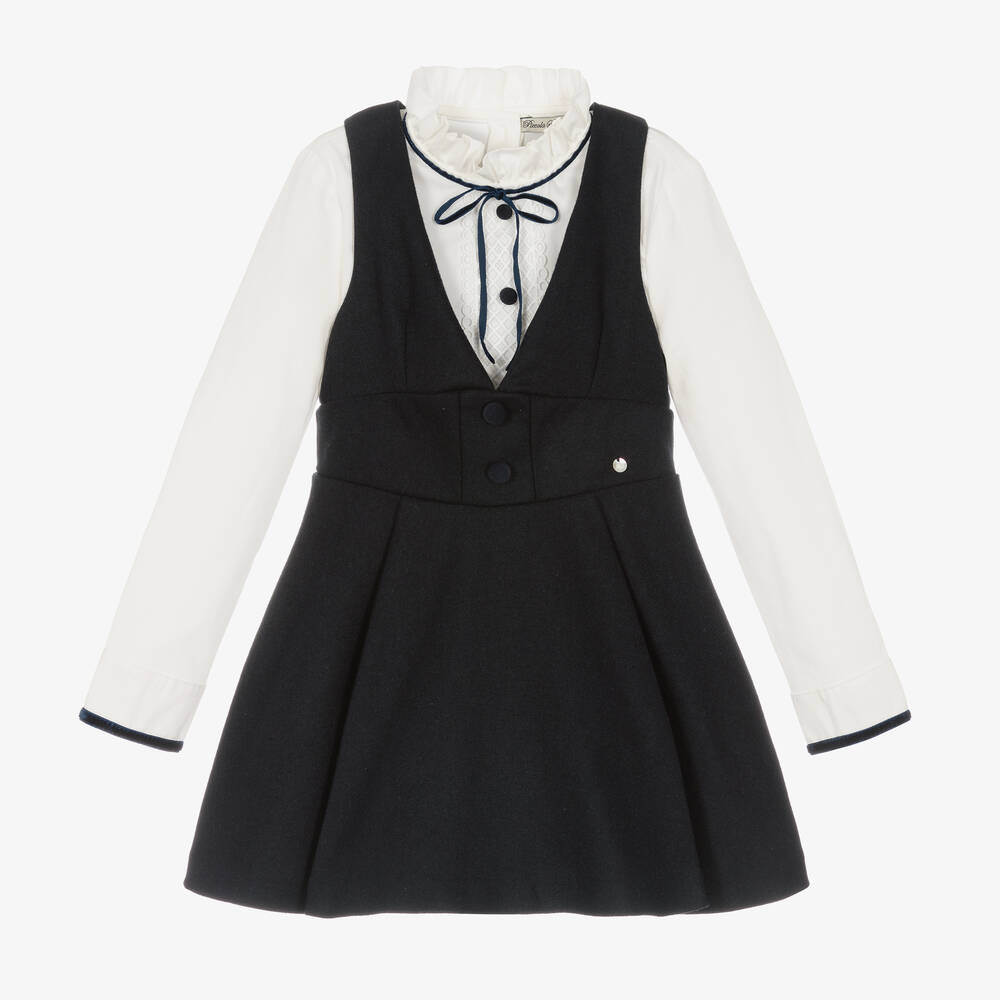 Piccola Speranza - Girls Navy Blue & White Wool Dress Set | Childrensalon