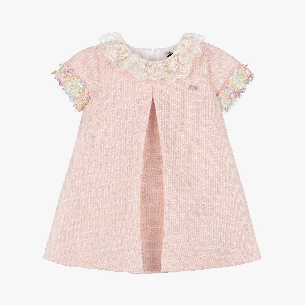 Piccola Speranza - Girls Pink Bouclé Tweed Lace Collar Dress | Childrensalon