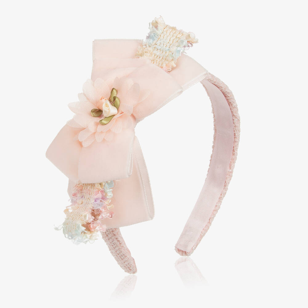 Piccola Speranza - Girls Pink Bouclé Tweed & Velvet Bow Hairband | Childrensalon