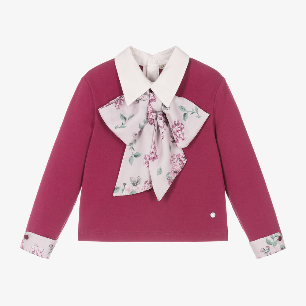 Piccola Speranza - Girls Pink Floral Bow Cotton Sweatshirt | Childrensalon