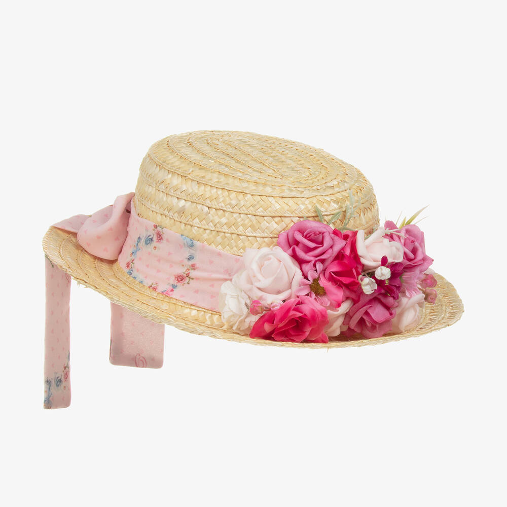 Piccola Speranza - Girls Pink Floral Straw Hat | Childrensalon