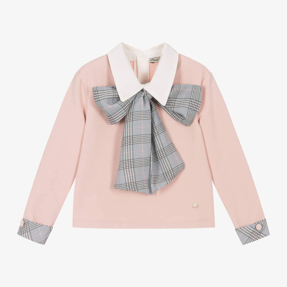 Piccola Speranza - Girls Pink Tartan Bow Cotton Sweatshirt | Childrensalon