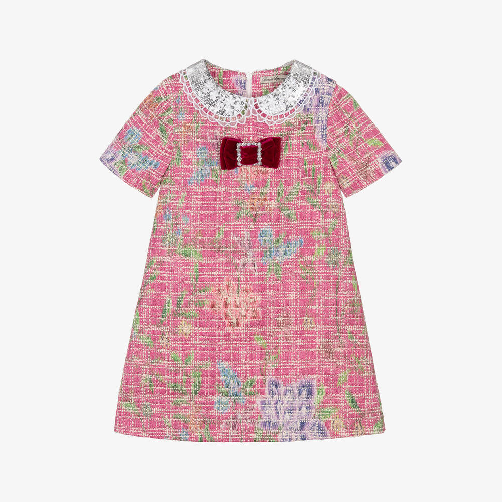 Piccola Speranza - Girls Pink Tweed & Sequin Collar Dress | Childrensalon