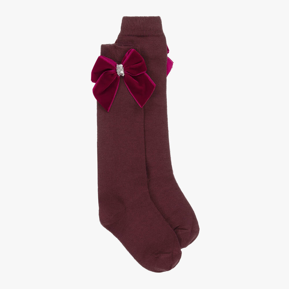Piccola Speranza - Girls Red Cotton & Velvet Bow Socks | Childrensalon