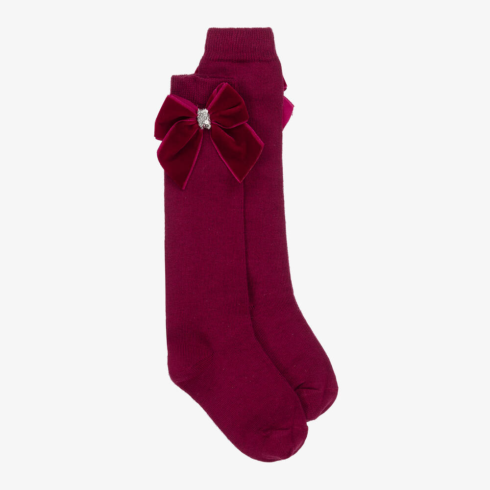 Piccola Speranza Babies' Girls Red Cotton & Velvet Bow Socks In Burgundy