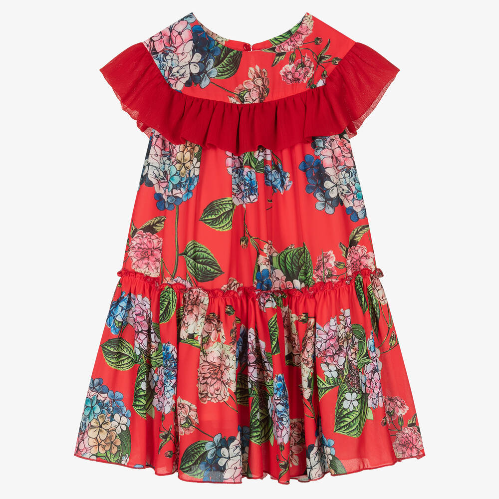 Piccola Speranza - Girls Red Floral Chiffon Dress | Childrensalon