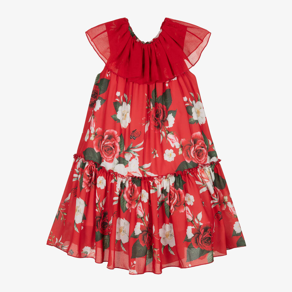 Piccola Speranza - فستان كريب لون أحمر بطبعة ورود | Childrensalon