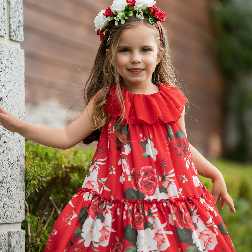 Piccola Speranza - Girls Red Floral Crêpe Dress | Childrensalon