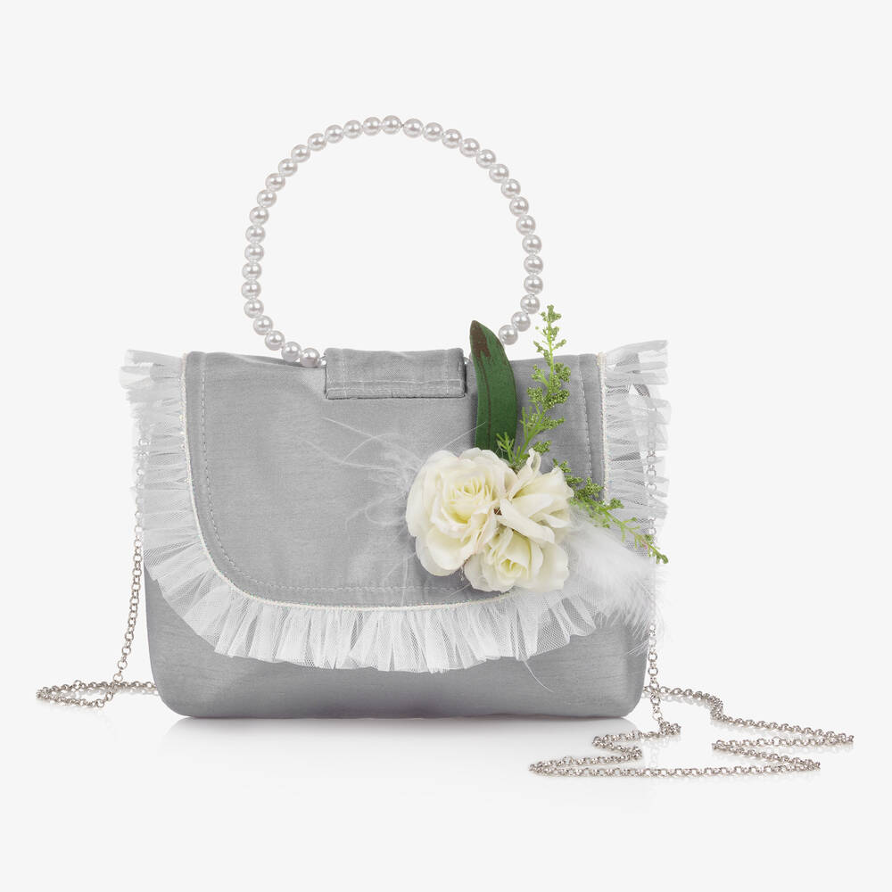 Piccola Speranza - Girls Silver Flower Handbag (21cm) | Childrensalon