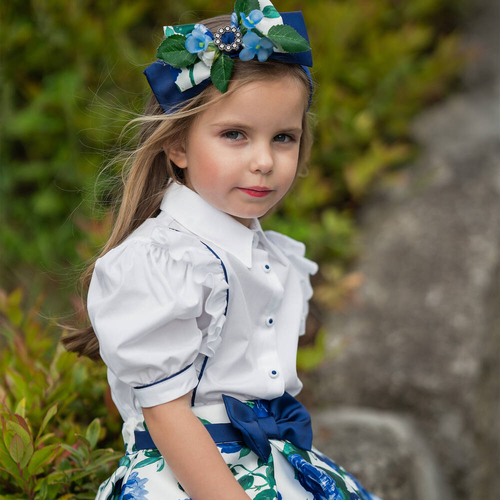 Piccola Speranza-Girls White & Blue Cotton Blouse | Childrensalon