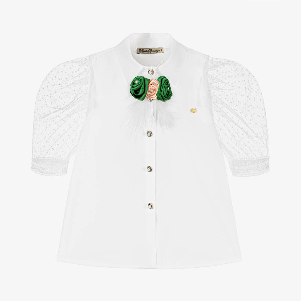 Piccola Speranza - Белая хлопковая блузка с атласной брошью для девочек | Childrensalon