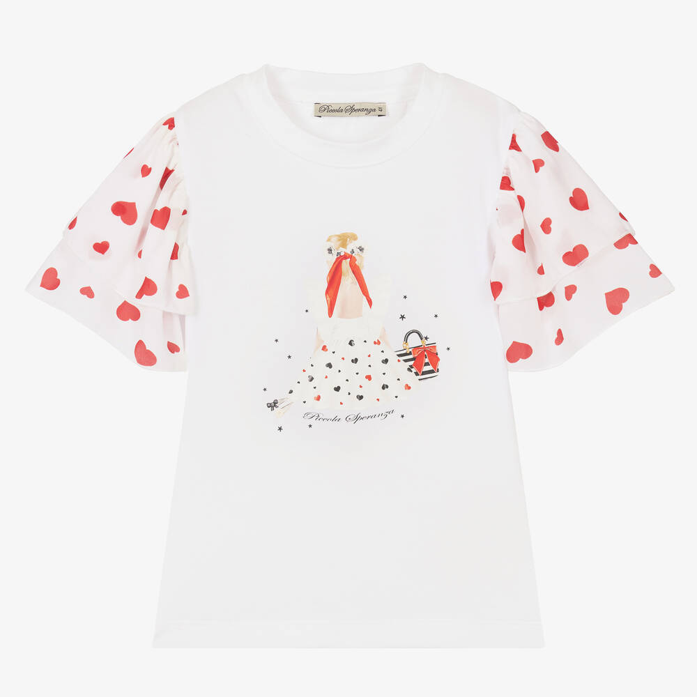 Piccola Speranza - Girls White Cotton Frilled T-Shirt | Childrensalon