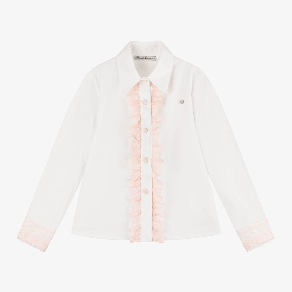 Piccola Speranza - Girls White Cotton & Pink Lace Blouse | Childrensalon