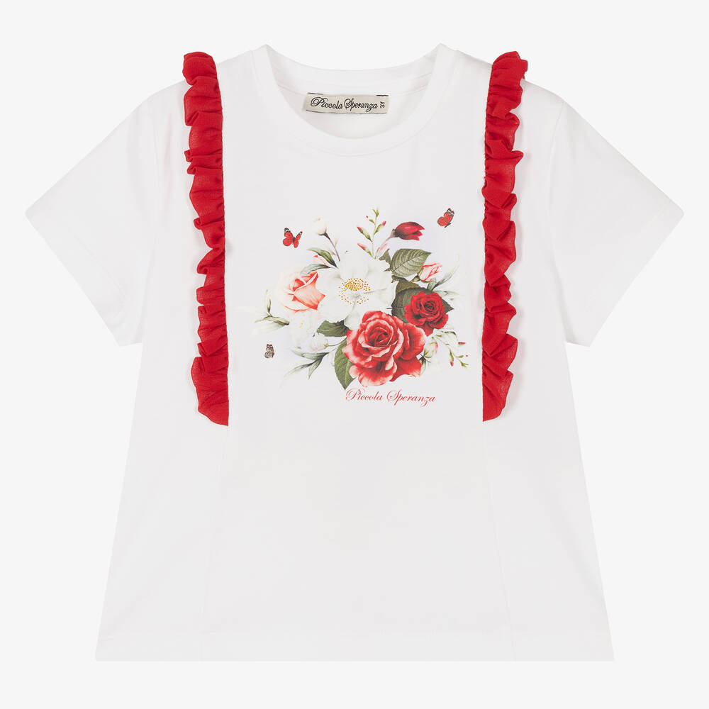 Piccola Speranza - Girls White Cotton Rose T-Shirt | Childrensalon