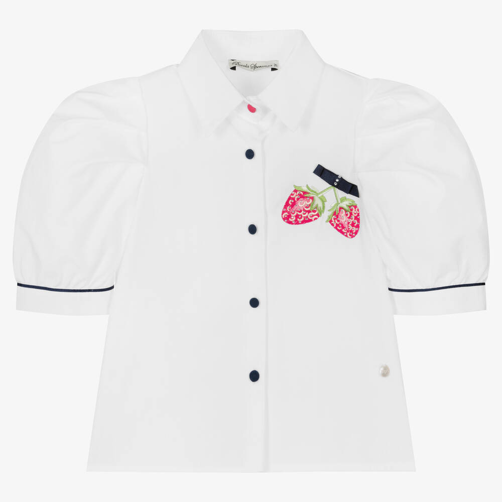 Piccola Speranza - Girls White Cotton Strawberry Shirt | Childrensalon