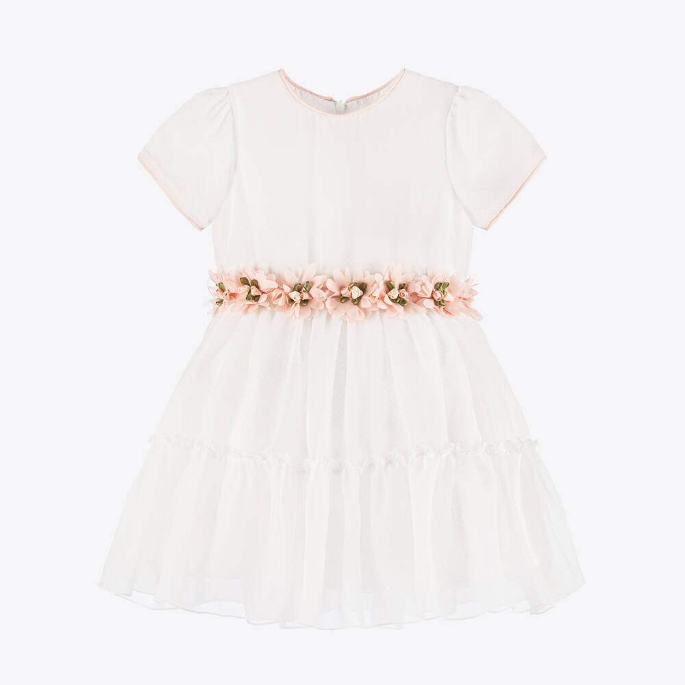Piccola Speranza Babies' Girls White Glittery Floral Belt Dress