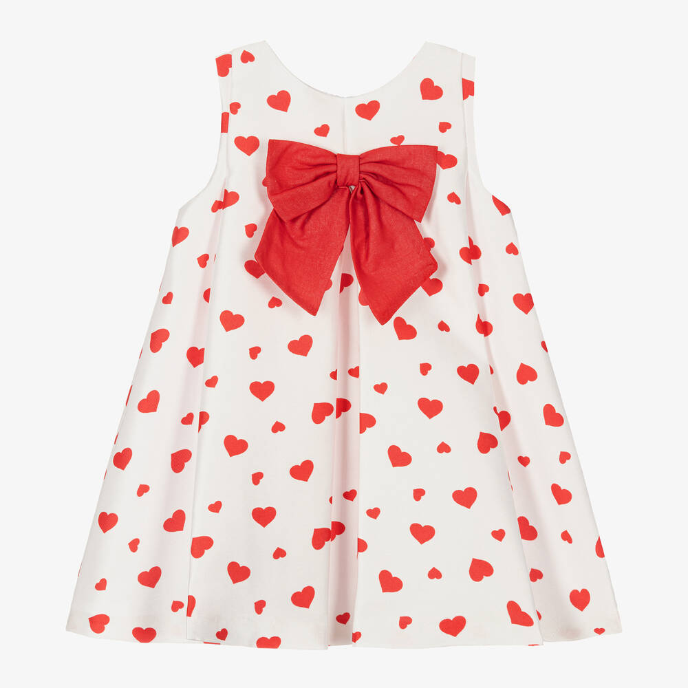 Piccola Speranza - فستان بطبعة قلوب ساتان تويل لون أبيض وأحمر | Childrensalon