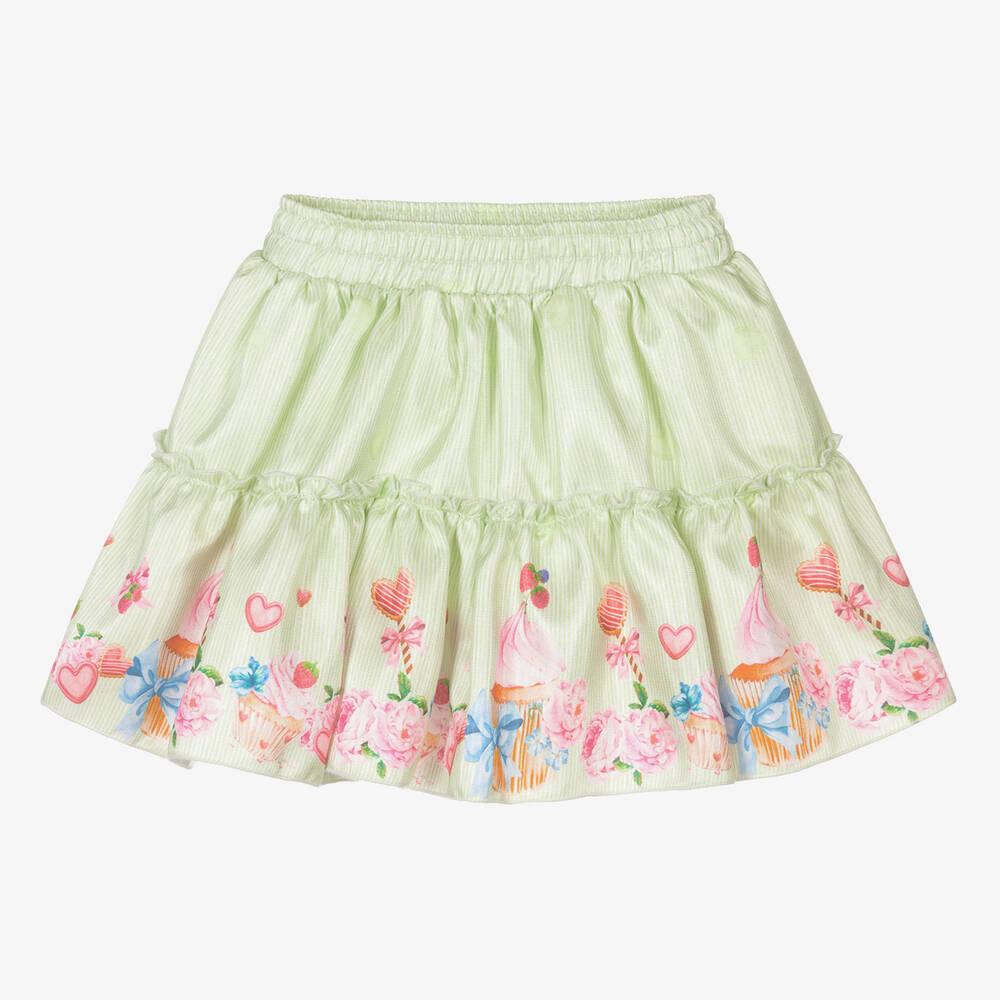 Piccola Speranza - Green Floral Ruffle Satin Skirt | Childrensalon