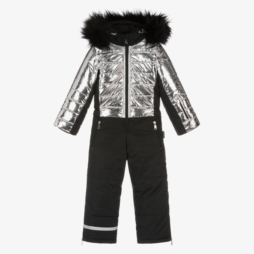 Pilguni - Black & Metallic Silver Puffer Snowsuit | Childrensalon