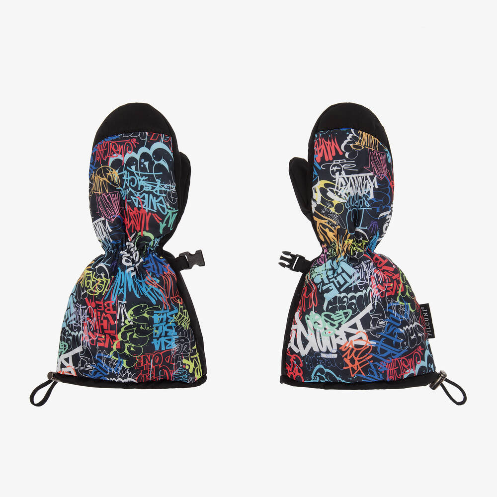 Pilguni - Boys Black Graffiti Print Ski Mittens  | Childrensalon