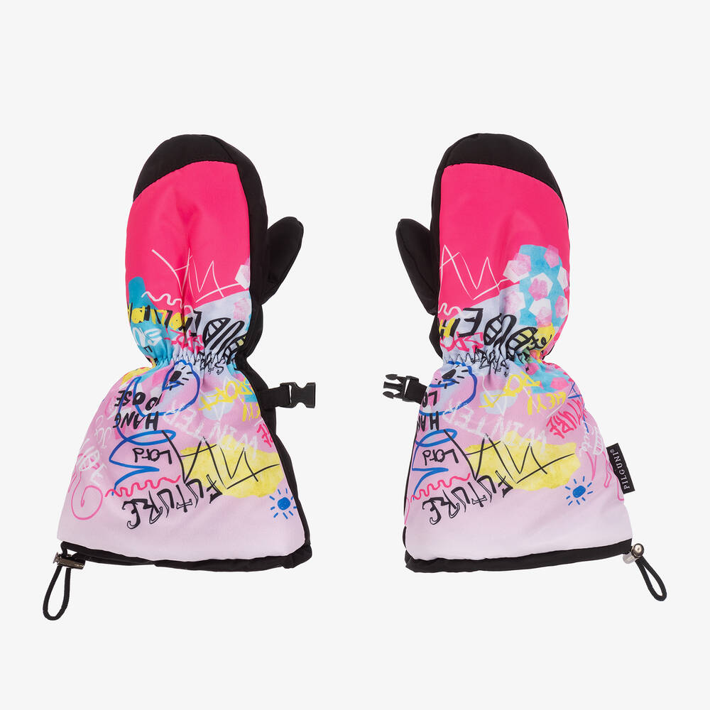 Pilguni - Girls Black & Pink Graffiti Print Ski Gloves | Childrensalon