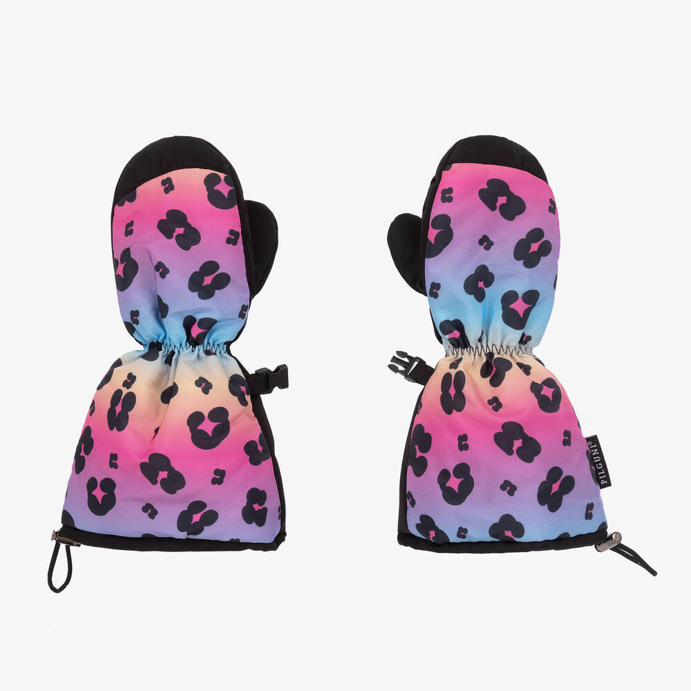 Pilguni - Girls Pink & Blue Leopard Print Ski Mittens | Childrensalon