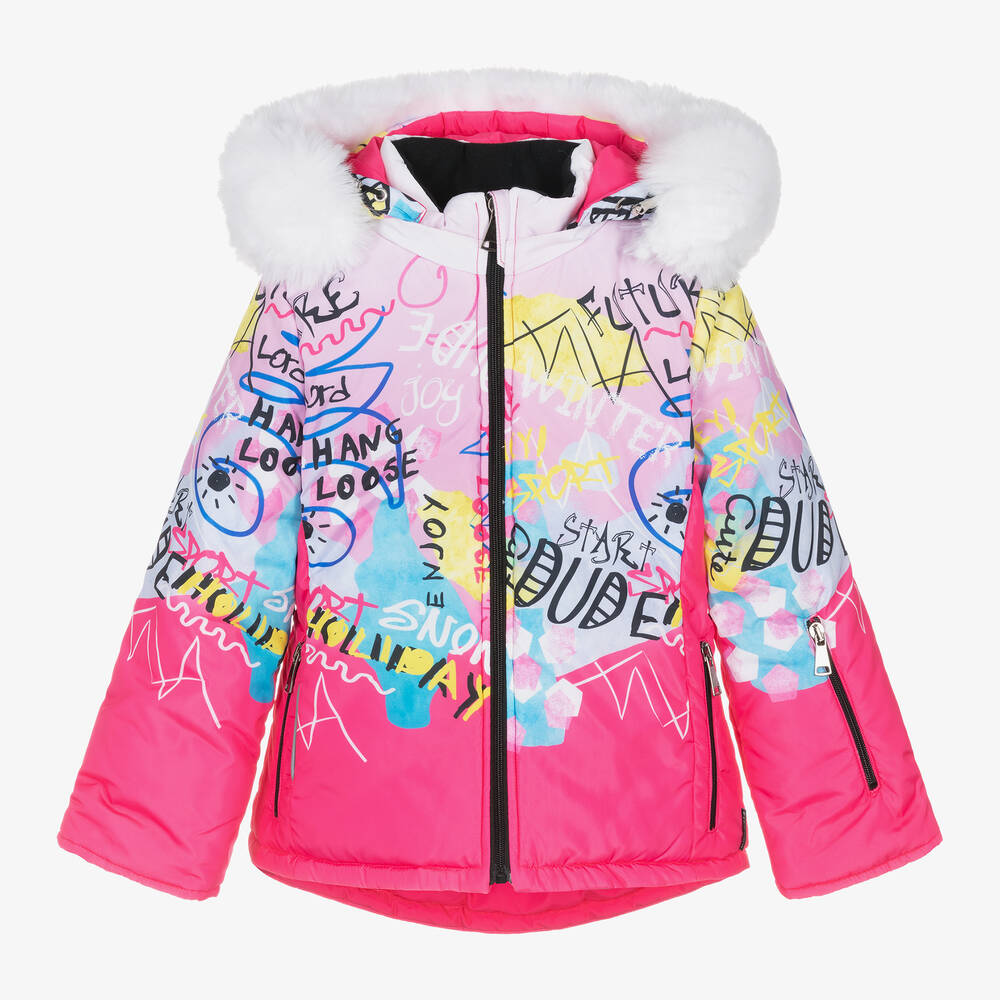 Pilguni - Girls Pink Graffiti-Print Ski Jacket | Childrensalon